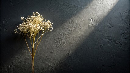 Poster - A single sprig of delicate white blossoms casts a gentle shadow against a dark textured background, illuminated by a soft beam of light.