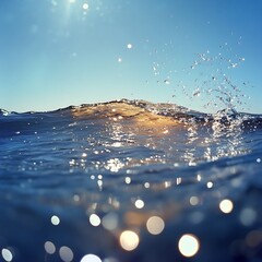 Vibrant photograph capturing splashing ocean waves with sparkling water droplets against a setting sun. Dynamic, high-contrast scene featuring natural textures and shimmering light reflections.