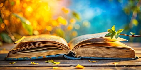 An open book resting on a wooden surface with a delicate green twig and leaves resting atop its pages, the backdrop a soft blur of vibrant yellow and blue hues.