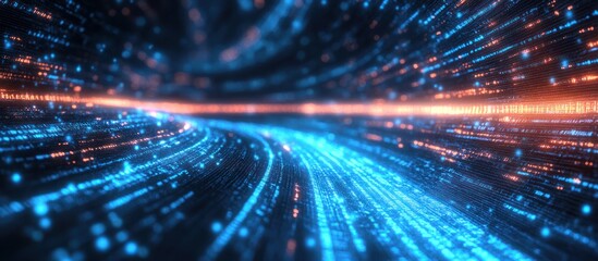 Wall Mural - Abstract blue and orange digital data stream flowing through a digital tunnel, futuristic background.