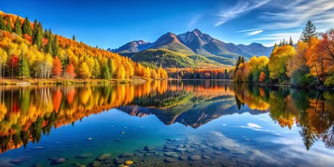 Poster - Serene Reflections of Autumnal Foliage on a Still Lake Surrounded by Majestic Mountains