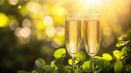 Two elegant champagne glasses in the sunlight, surrounded by lush greenery, perfect for celebration and festive occasions