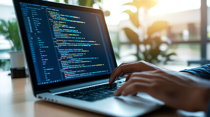 A close-up of a person's hands typing code on a laptop.