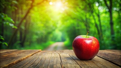 Wall Mural - A single red apple rests on a weathered wooden plank, surrounded by the sun-drenched foliage of a lush forest.