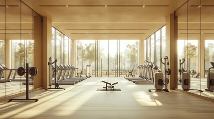 Expansive fitness center with large mirrors reflecting the open layout, wide empty walkways, neutral tones and minimalist design, polished floors, soft sunlight coming through large windows,