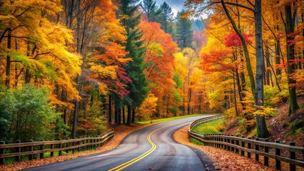 A Winding Road Through a Canopy of Vibrant Autumn Colors, Leading to a Misty Horizon
