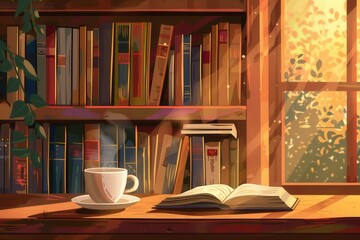 Fototapete - The warm sunlight filters through the window, illuminating an inviting space with books stacked on shelves and a cup of coffee beside an open book. Generative AI