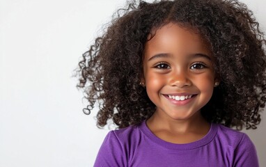 Smiling young girl with curly hair wearing a purple shirt against a white background Generative AI