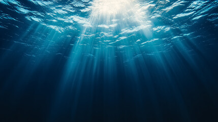 Wall Mural - abstract image of tropical underwater dark blue deep ocean wide nature background with rays of sunli