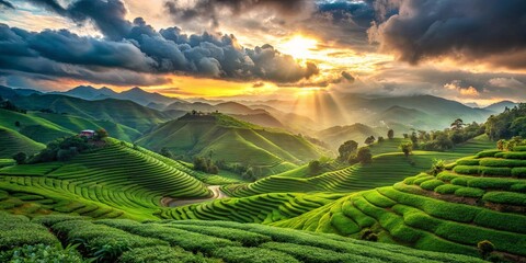 Poster - Golden rays of sunlight pierce through the clouds, illuminating verdant terraced hills, a serene landscape painting a picture of nature's beauty.