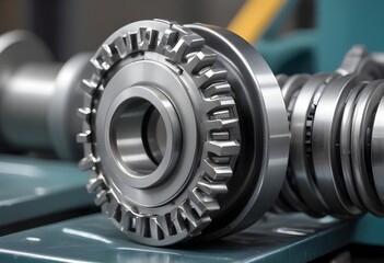 Close-up of a metal industrial machine part, likely a bearing or gear, with a shiny metallic surface and intricate mechanical details