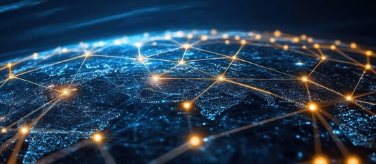 Wall Mural - close up of glowing globe with lines connecting cities and continents to represent a global network.
