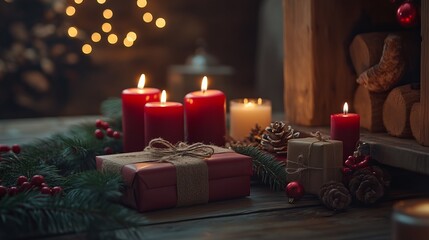 Wall Mural - traditional christmas decoration on rustic wooden background featuring glowing candles, colorful gif
