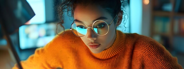 Wall Mural - A cinematic still of an Indian woman with black hair and blue eyes wearing glasses, she is sitting at her desk in front of the computer screen