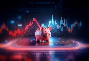 Poster - A cracked piggy bank sits on a platform with scattered coins in front of a red and blue stock chart.