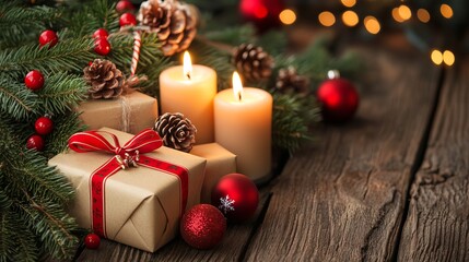 Wall Mural - traditional christmas decoration on rustic wooden background featuring glowing candles, colorful gif