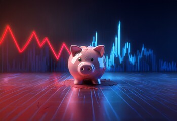 Wall Mural - A cracked pink piggy bank sits on a glowing surface, with a red downward-trending line in the background.