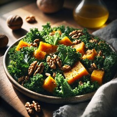 Nutritious salad with kale, squash, and walnuts served on a rustic plate