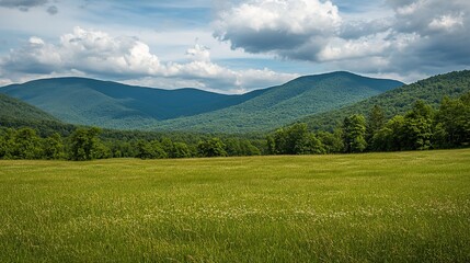 Lush Green Meadow Surrounded by Majestic Mountains, Showcasing Vibrant Flora and Serene Nature in a Tranquil Landscape