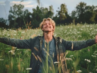 A man is smiling in a field of yellow flowers, generative ai image