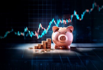 Poster - A piggy bank sits in front of a blurred chart, representing financial growth and saving.