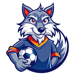 Soccer Wolf Mascot Logo: A playful and spirited gray wolf cartoon character, dressed in a soccer jersey, proudly holds a soccer ball. Perfect for sports teams, kids' clubs, or branding. 