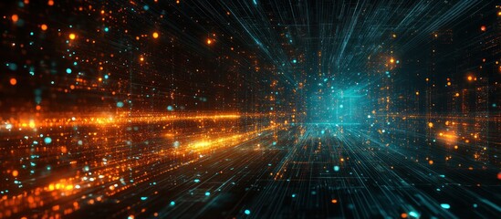 Wall Mural - abstract digital tunnel with glowing lights and streaks in a dark futuristic space.