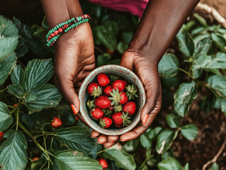 Hands holding a bowl of fresh strawberries in a garden, symbolizing organic farming, sustainability, and healthy eating