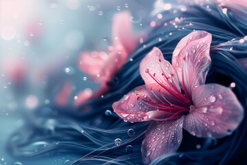 Wall Mural - Delicate strands of hair flow beautifully, interspersed with vibrant pink flowers. Water droplets glisten gently, creating a serene atmosphere that invites calm and relaxation