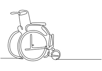 Wall Mural - Wheelchair Single Line Drawing. Healthcare and disability care vector art, isolated on white.