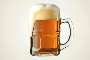 A mug of beer with a beautiful foam head and drops of moisture on a white background