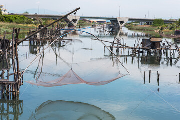 Old way of fishing with nets on the river in the south of Montenegro