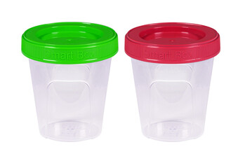 Plastic container set of two for drink food and foodstuffs with plastic cover. Colorful covers on long plastic container cup. Isolated on white background.