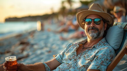 Wall Mural - overweight man in holidays at the beach, sitting in a chair an relaxing, cocktail in his hands, sun is shining