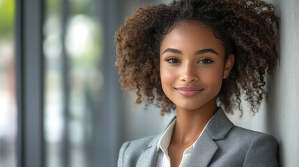 Smiling young businesswoman in gray suit standing confidently, professional look, modern corporate environment, office setting, career growth, leadership, elegant executive appearance, bright smile