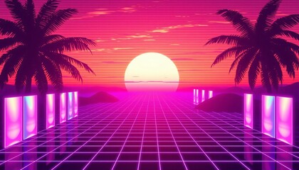 Wall Mural - vaporwave grids Retro Style landscape with grid background