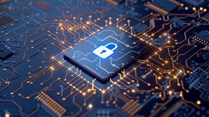 a digital circuit board with a central lock icon is lit up, symbolizing cybersecurity and the import