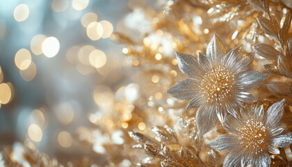 Wall Mural - Golden christmas flowers creating festive holiday background with bokeh