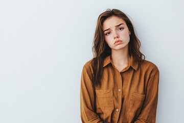 Photo of unhappy sad american woman wear brown shirt looking empty space isolated white color background 