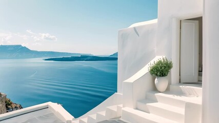 Wall Mural - a whitewashed building with a doorway and steps overlooking the aegean sea and the greek islands of 