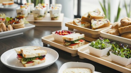 Wall Mural - An array of gourmet sandwiches and salads elegantly displayed on wooden trays, creating a fresh and inviting buffet setting.