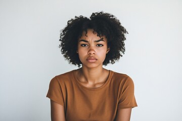 Photo of unhappy sad african american woman wear brown shirt looking empty space isolated white color background