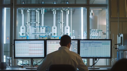 In a sleek laboratory, a scientist engaging with high-tech monitors reflects the cutting-edge precision of modern research and innovation.