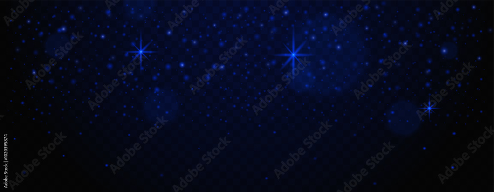 Dark blue starry sky with glowing particles and light flares on ...