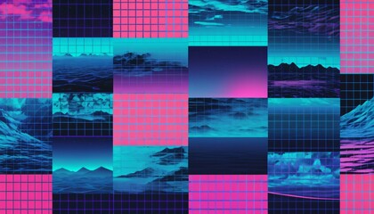 Wall Mural - vaporwave grids Retro Style landscape with grid background