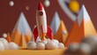 © VK Studio - A playful toy rocket prepares to launch amidst vibrant, stylized mountains and fluffy clouds, evoking a sense of whimsical adventure.