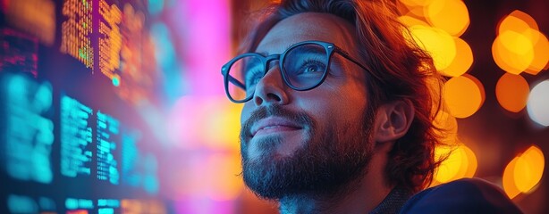 Smiling man with glasses looking at colorful code on screen in a dark room Generative AI