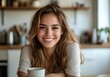 © Gelpi - Smiling woman with curly hair and freckles holding a white mug Generative AI