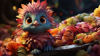 Super cute rainbow little baby dragon with big eyes and wings. Fantasy monster in the forest. Сartoon character. Fairy tale. 3d digital illustration
