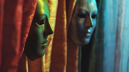 Two mysterious masks emerge from colorful drapes, their blank expressions enigmatic under the dramatic play of light and shadow.